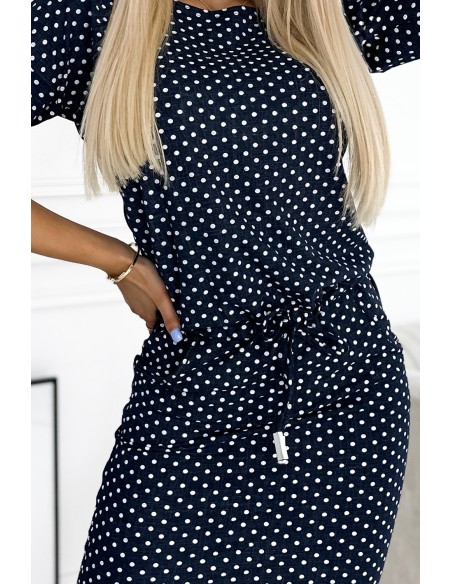  13-157 Sports dress with binding and pockets - jeans with polka dots 