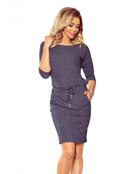  13-157 Sports dress with binding and pockets - jeans with polka dots 