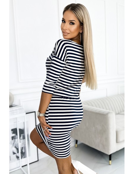  13-158 Sports dress with binding - navy blue stripes 