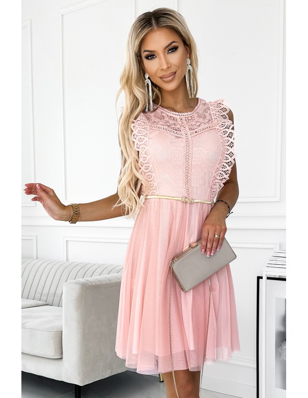  454-2 GRETA dress with lace and gold belt - peach 