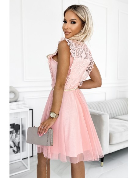  454-2 GRETA dress with lace and gold belt - peach 