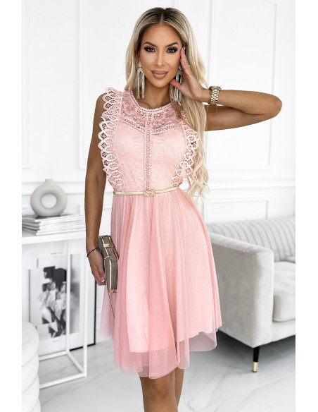  454-2 GRETA dress with lace and gold belt - peach 