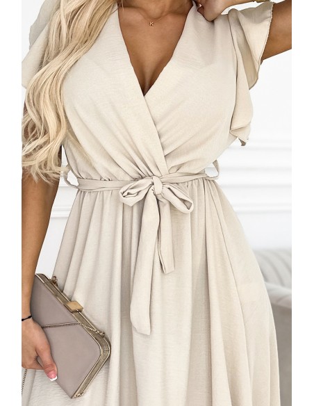  455-1 CORNELIA dress with frill, neckline and tie - beige 