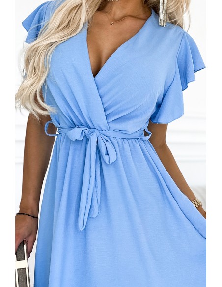 455-2 CORNELIA dress with frill, neckline and tie - light blue 