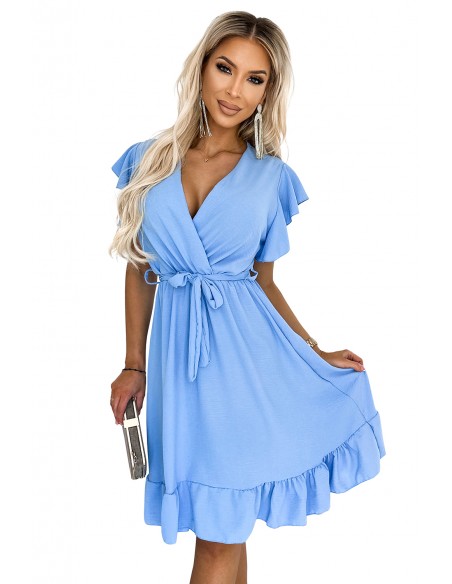  455-2 CORNELIA dress with frill, neckline and tie - light blue 