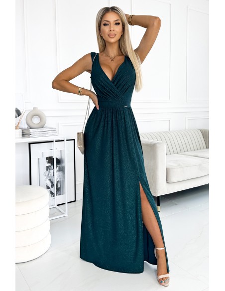  467-1 LOUISE brocade long dress with a neckline and a leg slit - green 