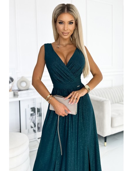  467-1 LOUISE brocade long dress with a neckline and a leg slit - green 