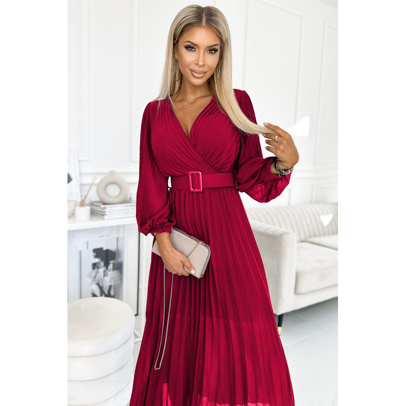  414-9 KLARA pleated dress with a belt and a neckline - Burgundy color  2