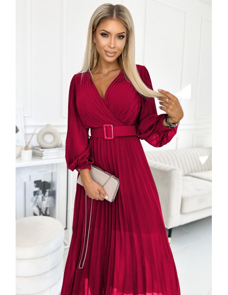  414-9 KLARA pleated dress with a belt and a neckline - Burgundy color 