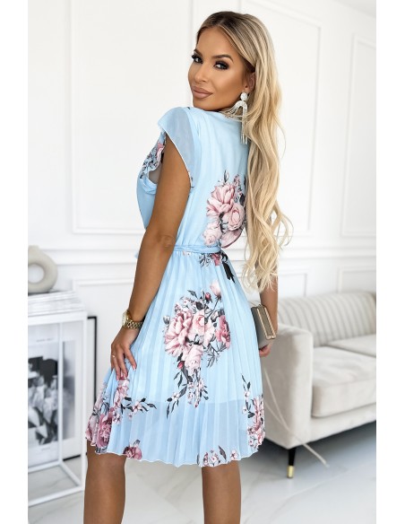  464-1 Pleated dress with a neckline and frills on the shoulders - light blue with light roses 