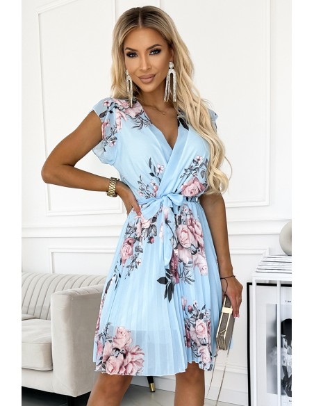  464-1 Pleated dress with a neckline and frills on the shoulders - light blue with light roses 