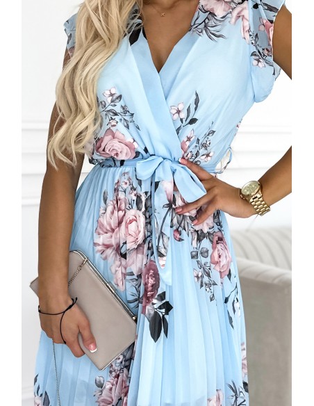  464-1 Pleated dress with a neckline and frills on the shoulders - light blue with light roses 