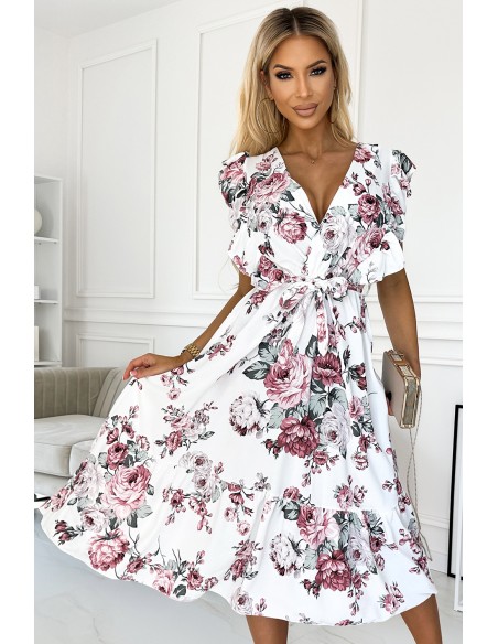  466-1 GABRIELLA dress with frill, neckline and binding - white with burgundy roses 