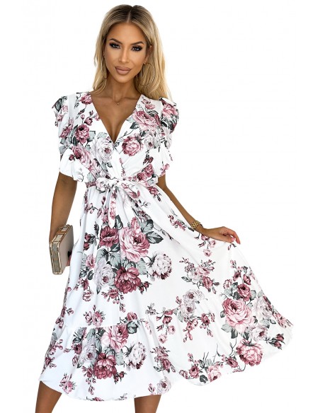  466-1 GABRIELLA dress with frill, neckline and binding - white with burgundy roses 