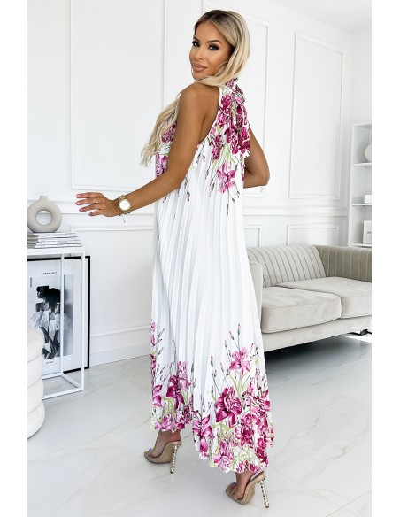  456-2 ESTER Pleated satin maxi dress - white with pink flowers 