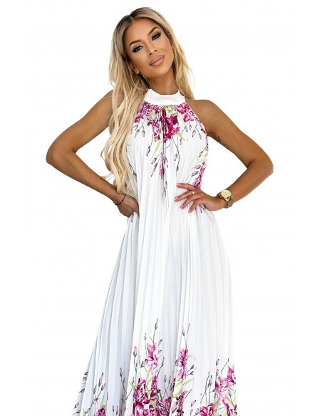  456-2 ESTER Pleated satin maxi dress - white with pink flowers 