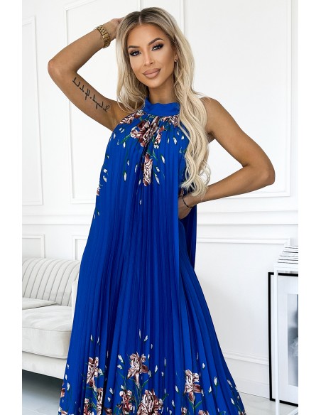  456-1 ESTER Pleated satin maxi dress - blue with flowers 