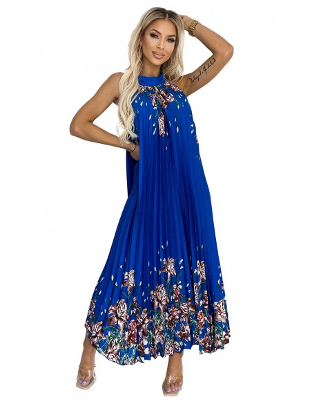  456-1 ESTER Pleated satin maxi dress - blue with flowers 