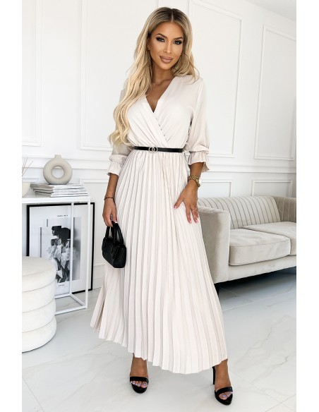  462-1 SERENA Pleated maxi dress with a neckline, belt and 3/4 sleeves - beige 