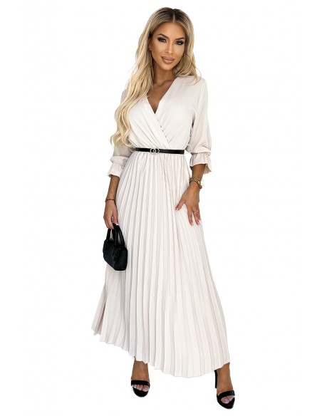  462-1 SERENA Pleated maxi dress with a neckline, belt and 3/4 sleeves - beige 