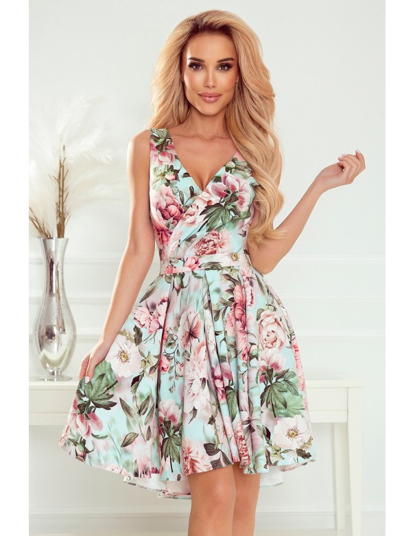  478-1 MAYA Dress with longer back, neckline and belt - pink flowers 