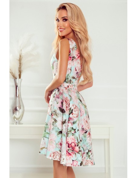  478-1 MAYA Dress with longer back, neckline and belt - pink flowers 