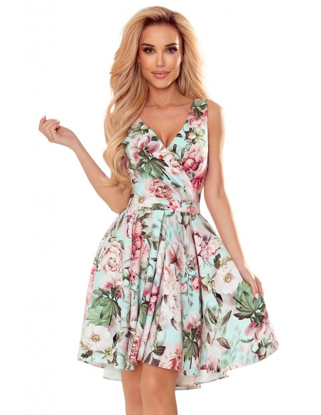  478-1 MAYA Dress with longer back, neckline and belt - pink flowers 