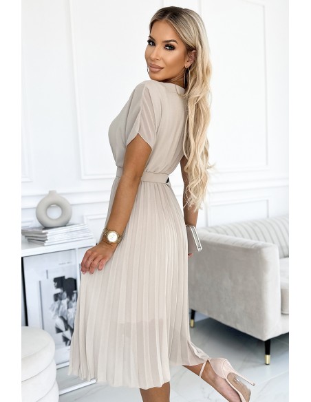  465-2 MIA Pleated midi dress with a wide belt - beige 