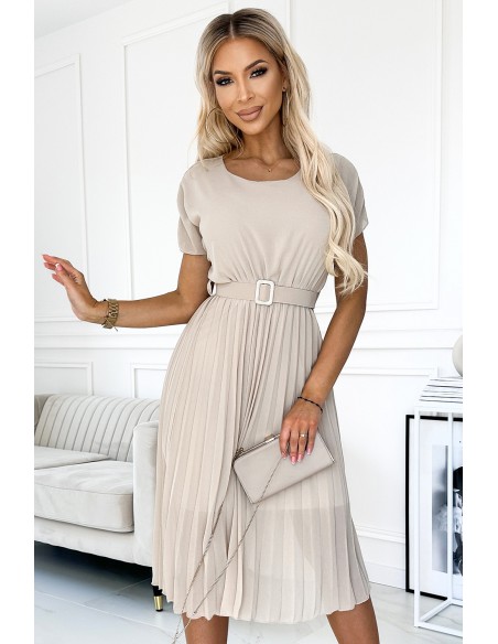  465-2 MIA Pleated midi dress with a wide belt - beige 