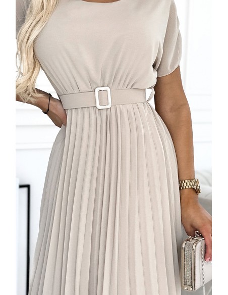  465-2 MIA Pleated midi dress with a wide belt - beige 