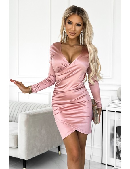  477-1 Satin dress with an envelope neckline and long sleeves - dirty pink 