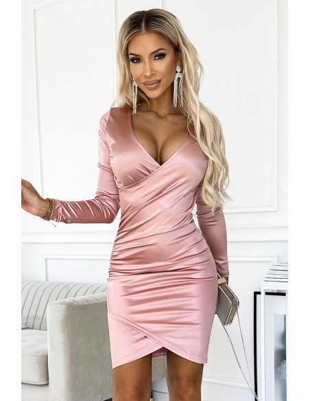  477-1 Satin dress with an envelope neckline and long sleeves - dirty pink 