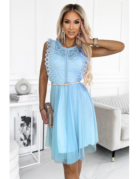  454-4 GRETA dress with lace and gold belt - light blue 