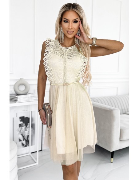  454-3 GRETA dress with lace and gold belt - Beige 