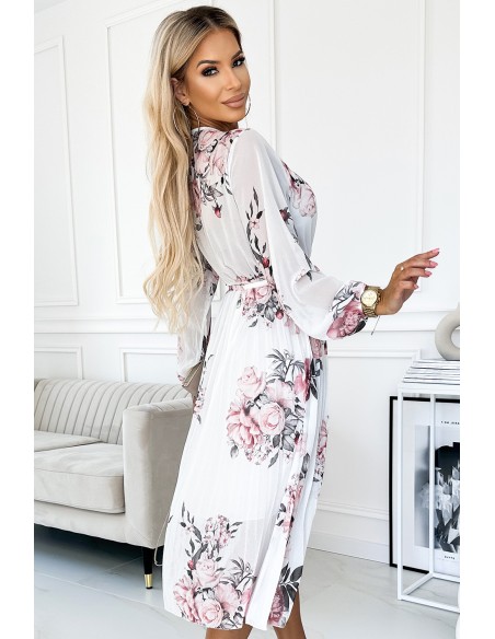  458-2 GEPPI Pleated midi dress with a neckline, long sleeves and a belt - white with roses 