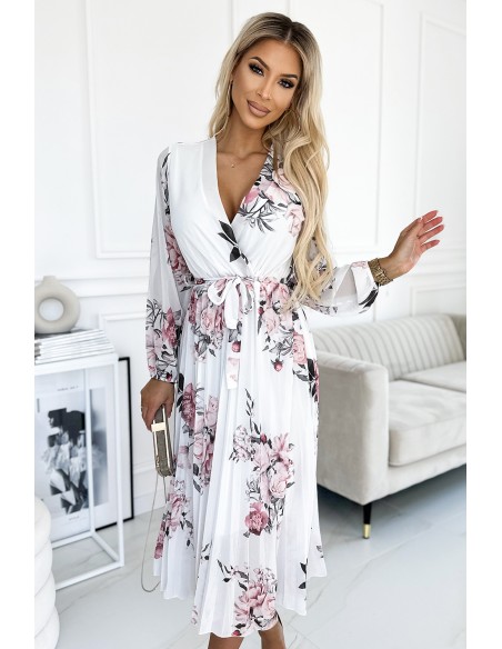  458-2 GEPPI Pleated midi dress with a neckline, long sleeves and a belt - white with roses 