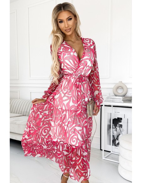  476-1 ENRICA Dress with a neckline and long sleeves - PINK WAVES - mesh 