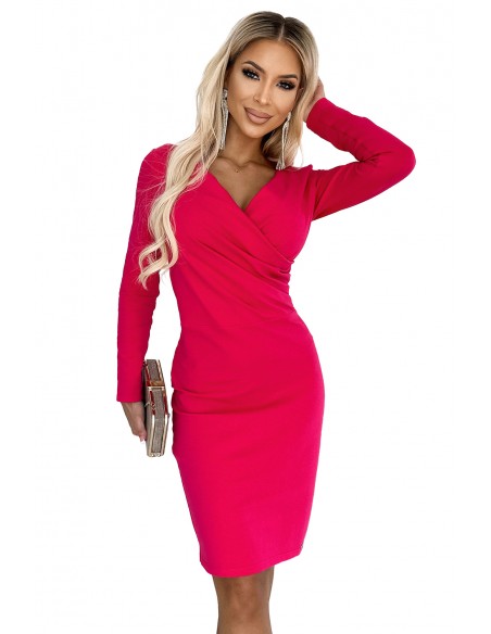  398-4 Elegant cotton dress with an envelope neckline and long sleeves - fuchsia 