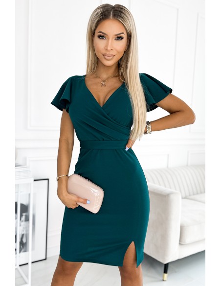  479-1 NINA dress with an envelope neckline, sleeve and belt - green 