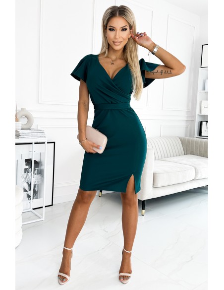  479-1 NINA dress with an envelope neckline, sleeve and belt - green 