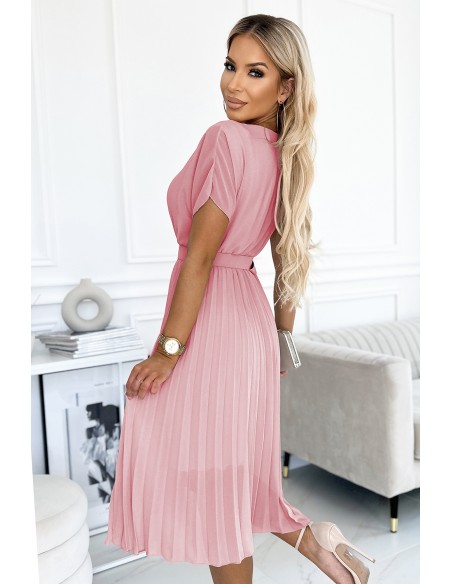  465-3 MIA Pleated midi dress with a wide belt - dirty pink 