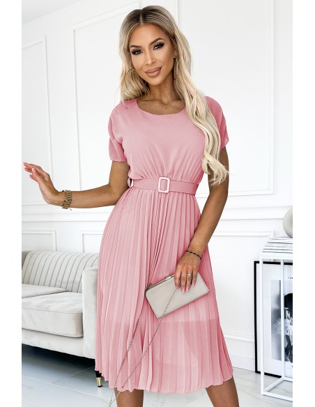  465-3 MIA Pleated midi dress with a wide belt - dirty pink 