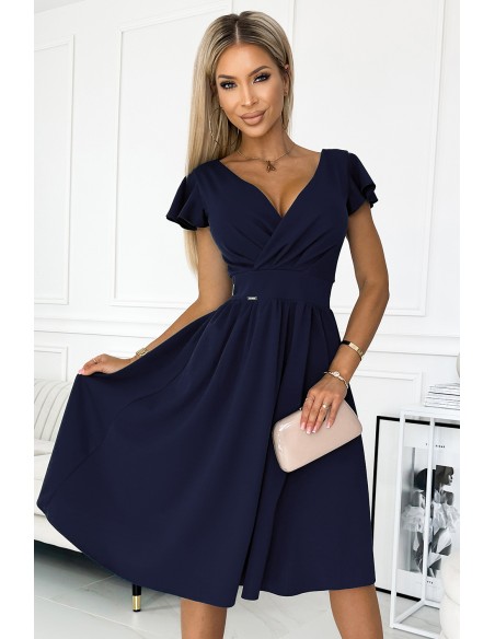  425-3 MATILDE Dress with a neckline and short sleeves - dark blue 