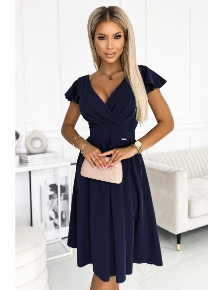  425-3 MATILDE Dress with a neckline and short sleeves - dark blue 