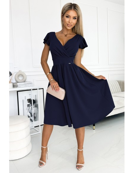  425-3 MATILDE Dress with a neckline and short sleeves - dark blue 