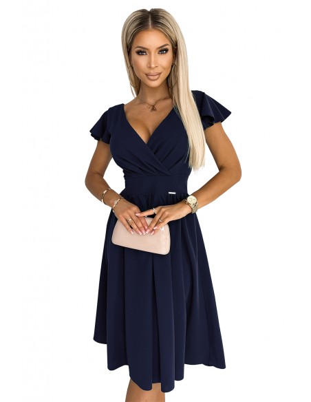  425-3 MATILDE Dress with a neckline and short sleeves - dark blue 