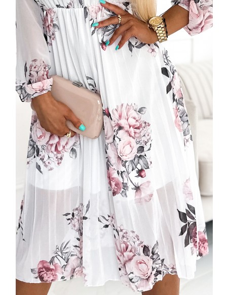  449-6 CARLA Pleated midi dress with buttons and long sleeves - roses on a white background 