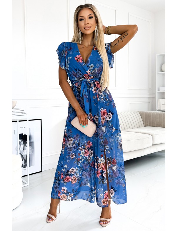  473-1 ARIA Long dress with a neckline and short sleeves - blue with flowers 