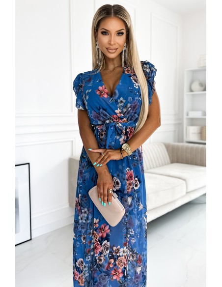  473-1 ARIA Long dress with a neckline and short sleeves - blue with flowers 