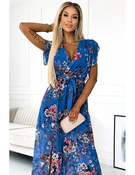  473-1 ARIA Long dress with a neckline and short sleeves - blue with flowers 